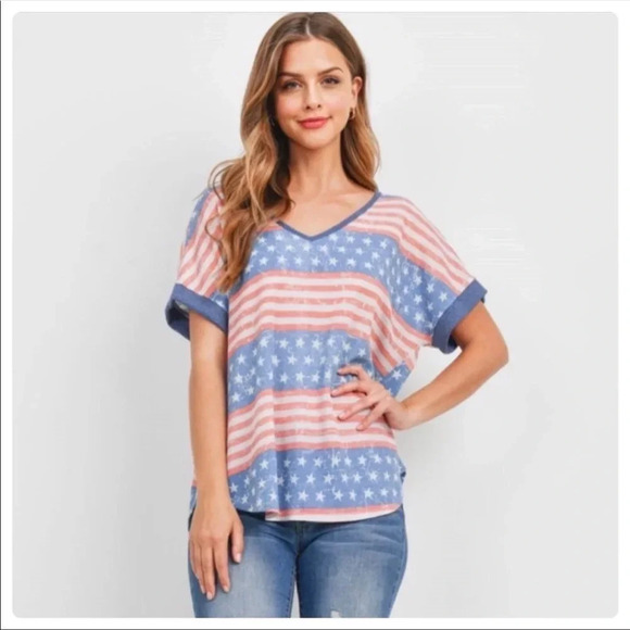 USA Flag Graphic Tee | Red White Blue V-Neck Patriotic 4th of July Top - Picture 3 of 8